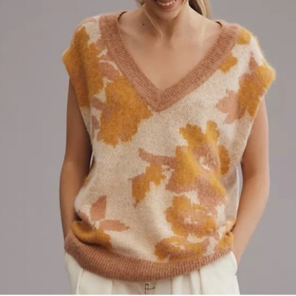 Maeve Pink and Orange Floral V-Neck Sweater